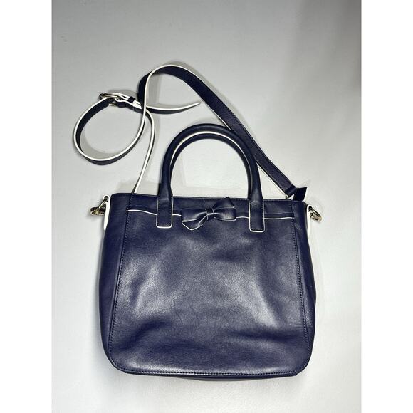 Talbots Crossbody Leather Tote Shoulder Bag Navy Blue Handbag Purse Bow Zip Top - Picture 1 of 9